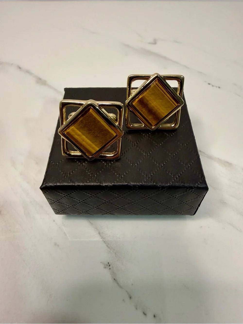 Gold Tone Tiger's Eye Square Cuff Links